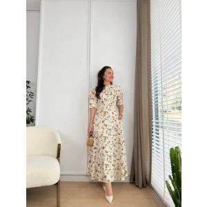 Ekru Yakası Bağlama Detaylı Elbise