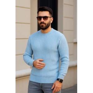 Erkek Bisiklet Yuvarlak Yaka Triko Kazak Pamuklu Kalın Fitilli Dokuma, Regular Fit Uzun Kollu Kışlık Model - Bebe Mavisi