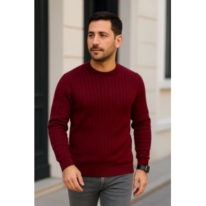 Erkek Bisiklet Yuvarlak Yaka Triko Kazak Pamuklu Kalın Fitilli Dokuma, Regular Fit Uzun Kollu Kışlık Model - Bordo