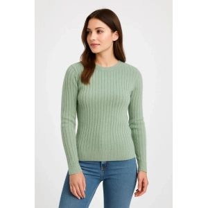 Erkek Bisiklet Yuvarlak Yaka Triko Kazak Pamuklu Kalın Fitilli Dokuma, Regular Fit Uzun Kollu Kışlık Model - Mint Yeşili