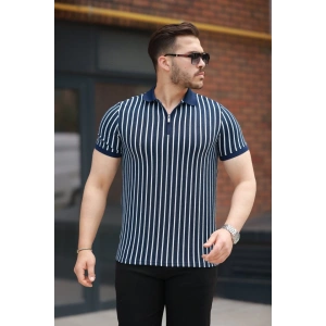 Erkek çizgili Fermuar Yakalı Kısa Kollu Tişört
