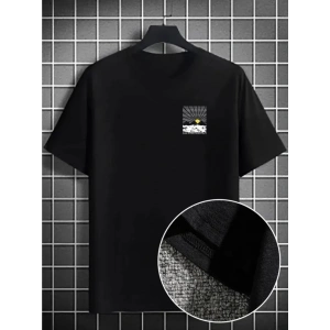 Erkek Dağ Grafikli Tişört, Yaz Için Büyük Beden Rahat T-shirt - Siyah