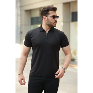 Erkek Deri Panel Detaylı Fermuar Yakalı Kısa Kollu Tişört