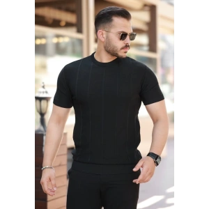 Erkek Desenli çizgi Kabartmalı Kısa Kollu Tişört