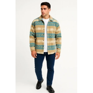 Erkek Desenli Polar Gömlek – Etnik Şerit Desen Yakalı, Uzun Kollu, Düğmeli, Oversize Rahat Kalıp - Sarı