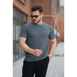 Erkek Dikey çizgili Ottoman Kumaş Kısa Kollu T-shirt