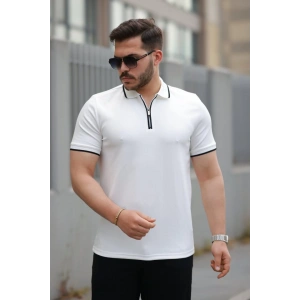 Erkek Fermuar Yakalı çizgi Detaylı Kısa Kollu Tişört