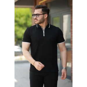 Erkek Fermuar Yakalı çizgi Detaylıkısa Kollu Tişört