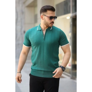 Erkek Fermuar Yakalı çizgi Dokulu Kısa Kollu Tişört