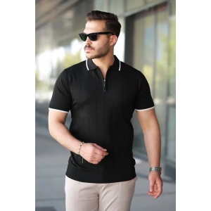 Erkek Fermuar Yakalı çizgi Dokulu Kısa Kollu Tişört