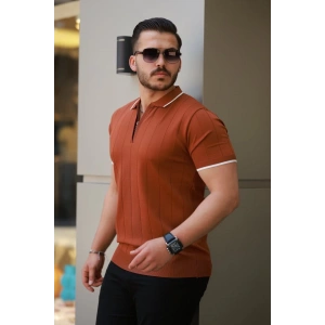 Erkek Fermuar Yakalı çizgi Dokulu Kısa Kollu Tişört