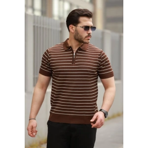 Erkek Fermuar Yakalı çizgili Kısa Kollu T-shirt