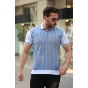 Erkek Fermuar Yakalı çizgili Kısa Kollu Tişört