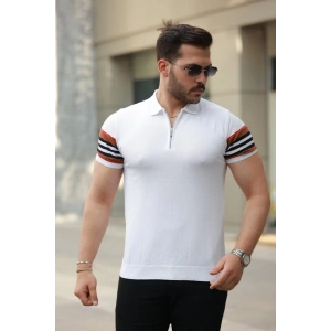 Erkek Fermuar Yakalı Kolları Desenli Kısa Kollu Tişört