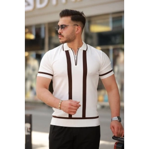 Erkek Fermuar Yakalı şerit Detaylı Kısa Kollu Tişört