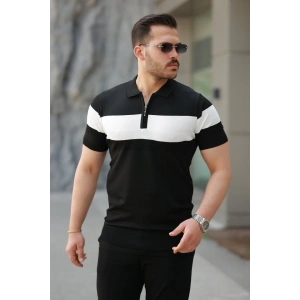 Erkek Fermuar Yakalı şerit Renk Desenli Kısa Kollu Tişört