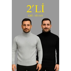 Erkek Fitilli Triko Kazak 2li Set Gri Siyah Regular Balıkcı Yaka Tam Boğazlı Triko Seti Modeli Kazak