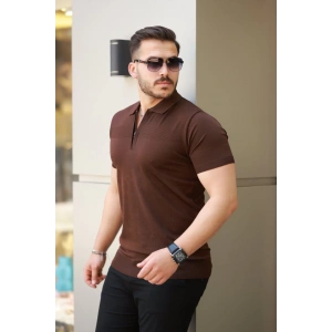 Erkek Göğüs Pirinç Desenli Fermuar Yakalı Kısa Kollu Tişört