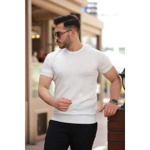 Erkek Ince çizgi Dokulu Bisiklet Yaka Kısa Kollu T-shirt