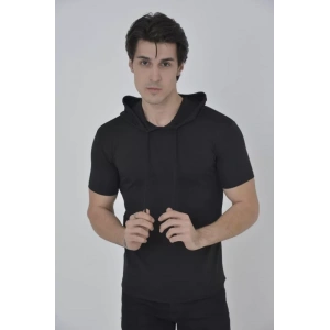 Erkek Kapşonlu Slim Fit T-shirt - Siyah