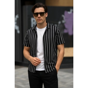 Erkek Kısa Kollu Beyaz çizgi Desenli örme Kumaş Pamuklu Gömlek
