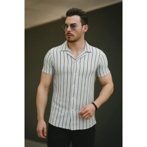 Erkek Kısa Kollu Gri çizgi Desenli örme Kumaş Pamuklu Gömlek