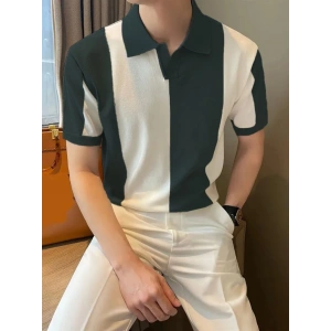 Erkek Kısa Kollu Polo Yakalı Blok Desenli Triko Bluz