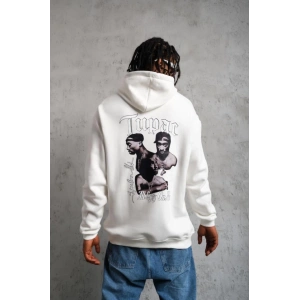 Erkek Oversize Üç İplik Kapüşonlu Sweat – Kol Ve Etek Ribana Detaylı, Ön Ve Sırt Baskılı, Kanguru Cepli Rahat Kalıp Model - Beyaz