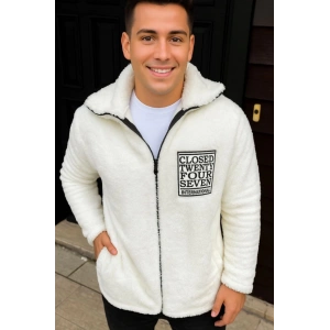 Erkek Polar Fermuarlı Sweatshirt – Kapüşonsuz, Cepli, Yumuşak Dokulu, Oversize Rahat Kalıp, Kışlık Sıcak Tutan Fermuarlı Üst - Beyaz