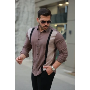 Erkek şerit Detaylı Uzun Kollu Pamuklu Keten Gömlek