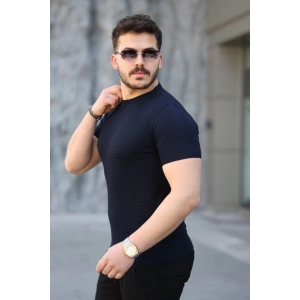 Erkek Viskon Kumaş Bisiklet Yaka Desenli Tişört