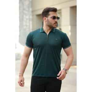 Erkek Yaka Ve Kolları çizgi Detaylı Fermuar Yakalı Kısa Kollu Tişört