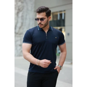 Erkek Yaka Ve Kolları çizgi Detaylı Fermuar Yakalı Kısa Kollu Tişört