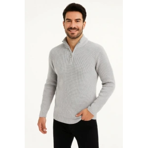 Erkek Yarım Fermuarlı Triko Kazak – Selanik Örgü, Dik Yaka, Pamuklu Dokuma, Regular Fit Uzun Kollu Kışlık Model - Gri