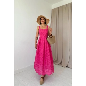 Fuşya Askılı Aparatlı Brode Elbise