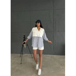 GABARDİN ŞORT - GABARDİN - ÇİZGİLİ KETEN GARNİLİ CEKET TAKIM - Lacivert