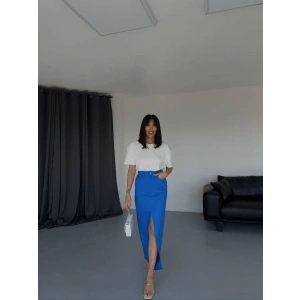 GABARDİN UZUN ÖNDEN YIRTMAÇLI ETEK - Saks