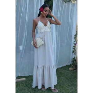 Göğsü Trikolu Keten Uzun Elbise 2904-08