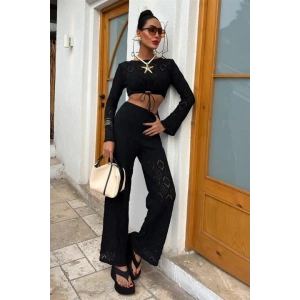 Göğüs Bağcık Detaylı Ajurlu Bluz Pantolon Takım 10098