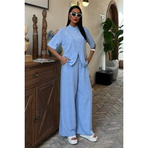 Hakim Yaka Çapraz Düğmeli Plazzo Pantolon Viscon Keten Takım 10091