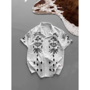 İki İplik Kumaş Baskılı Gömlek - Beyaz