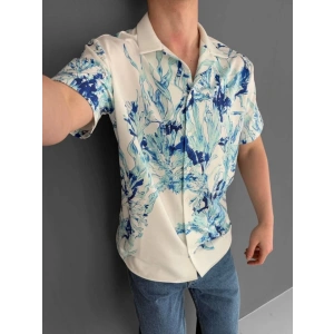 İki İplik Kumaş Baskılı Gömlek - Beyaz