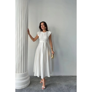 JAKAR KETEN VATKALI ELBİSE - Beyaz