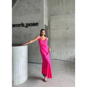 JAKARLI ASKILI SATEN ELBİSE ASİMETRİK - Pembe