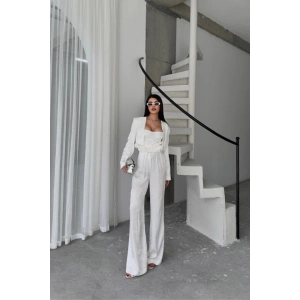 JAKARLI BLUZU TASARIM DETAYLI CEKET-PANTOLON-BLUZ 3 LÜ TAKIM - Beyaz