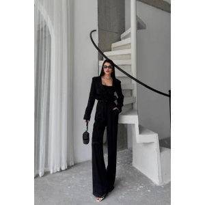 JAKARLI BLUZU TASARIM DETAYLI CEKET-PANTOLON-BLUZ 3 LÜ TAKIM - Siyah