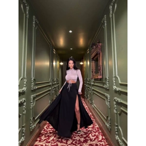 Kadın Asansör Büzgü Detay Krom Ve Derin Yırtmaçlı Maxi Boy Etek Ikili Takım