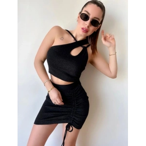 Kadın Asimetrik Yaka Detay Crop Ve Yüksek Bel Mini Etek Ikili Takim