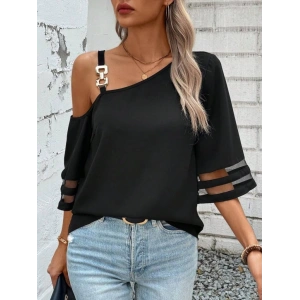 Kadın Askılı Asimetrik Kesim Kol Ve Yaka Kolda Tül Ve Aksesuar Detaylı Janjan Krep Bluz