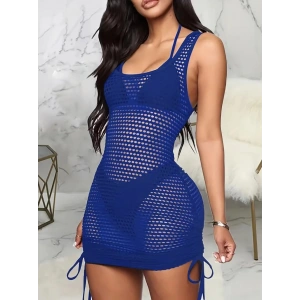 Kadın Askılı Eteği Büzgü Bağlama Detay Delikli örme Triko Pareo Elbise